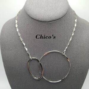 Chico's Silver Tone Double Hoop Necklace, Designer Chain, Stationary Hoops, 21"